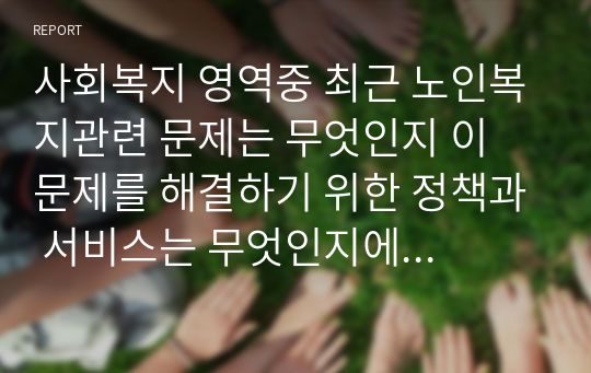 사회복지 영역중 최근 노인복지관련 문제는 무엇인지 이 문제를 해결하기 위한 정책과 서비스는 무엇인지에 대해 작성하시오