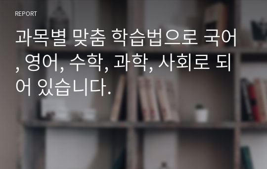 과목별 맞춤 학습법으로 국어, 영어, 수학, 과학, 사회로 되어 있습니다.