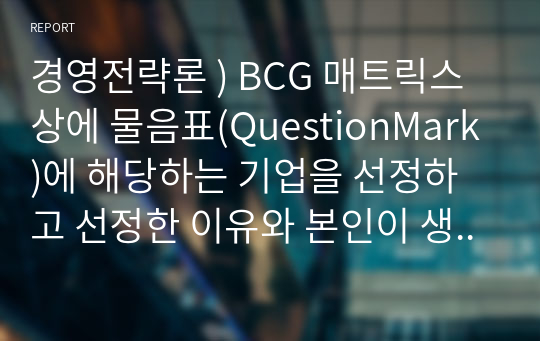 경영전략론 ) BCG 매트릭스 상에 물음표(QuestionMark)에 해당하는 기업을 선정하고 선정한 이유와 본인이 생각하는 전략대안을 서술하시오.