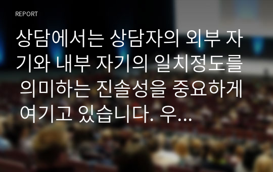 상담에서는 상담자의 외부 자기와 내부 자기의 일치정도를 의미하는 진솔성을 중요하게 여기고 있습니다. 우리는 상담자의 기본자세라고 할 수 있는 &#039;진솔성&#039;에 대해 공부하였는데 다음 상황을 읽고 과제 주제에 따라 보고서를 작성/제출해 주세요