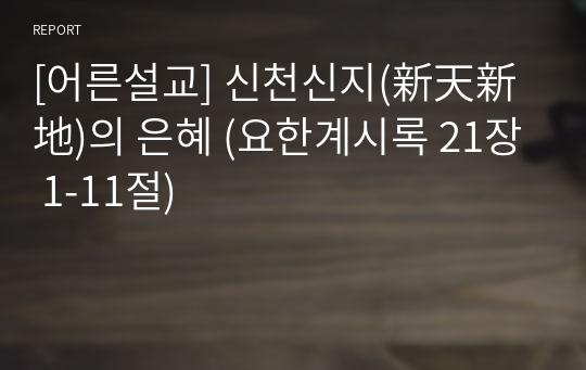 [어른설교] 신천신지(新天新地)의 은혜 (요한계시록 21장 1-11절)