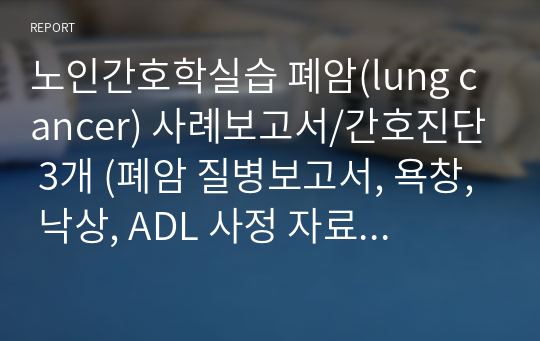 노인간호학실습 폐암(lung cancer) 사례보고서/간호진단 3개 (폐암 질병보고서, 욕창, 낙상, ADL 사정 자료 포함)