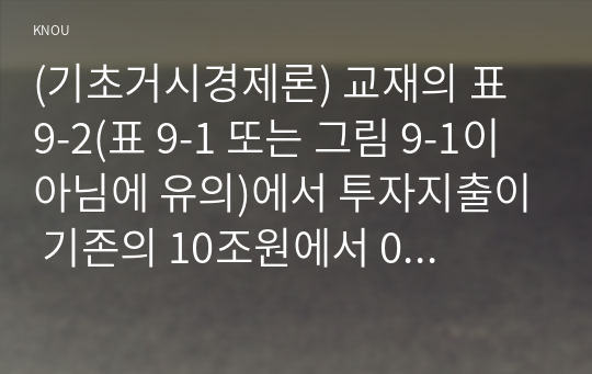 (기초거시경제론) 교재의 표 9-2(표 9-1 또는 그림 9-1이 아님에 유의)에서 투자지출이 기존의 10조원에서 0원으로