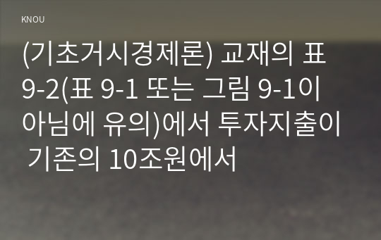 (기초거시경제론) 교재의 표 9-2(표 9-1 또는 그림 9-1이 아님에 유의)에서 투자지출이 기존의 10조원에서