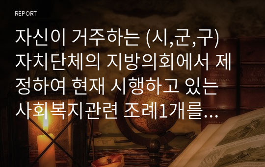 자신이 거주하는 (시,군,구) 자치단체의 지방의회에서 제정하여 현재 시행하고 있는 사회복지관련 조례1개를 조사하고,조사한 조례의 각 조항에 입각한 조례의 문제점과 개선점에 대해 자신의 의견을 기술하시오