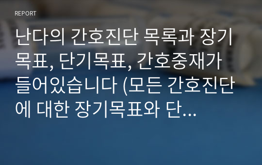 난다의 간호진단 목록과 장기목표, 단기목표, 간호중재가 들어있습니다 (모든 간호진단에 대한 장기목표와 단기목표, 간호중재를 제작하는 것이 목표이며 현재 제작 중으로 미완성본으로 완성본 목표가격의 20분의 1가격에 판매합니다)