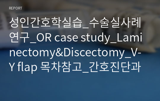 성인간호학실습_수술실사례연구_OR case study_Laminectomy&amp;Discectomy_V-Y flap 목차참고_간호진단과정없음_수술전간호2개_회복실간호2개