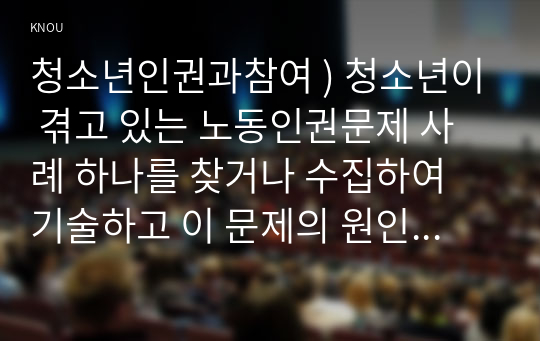 청소년인권과참여 ) 청소년이 겪고 있는 노동인권문제 사례 하나를 찾거나 수집하여 기술하고 이 문제의 원인을 설명한 후 대책을 제시하시오.