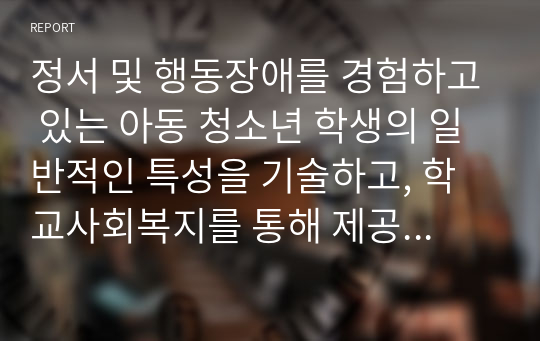 정서 및 행동장애를 경험하고 있는 아동 청소년 학생의 일반적인 특성을 기술하고, 학교사회복지를 통해 제공될 수 있는 개입방법을 구체적으로 조사하여 기술하세요.