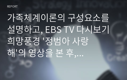 가족체계이론의 구성요소를 설명하고, EBS TV 다시보기 희망풍경 &#039;정범아 사랑해&#039;의 영상을 본 후, 가족을 가족체계이론에 따라 분석하고, &#039;내가 정범이 부모라면&#039;의 입장에서 느낀 점을 쓰세요.