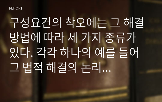 구성요건의 착오에는 그 해결방법에 따라 세 가지 종류가 있다. 각각 하나의 예를 들어 그 법적 해결의 논리를 설명해 보시오.