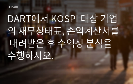 DART에서 KOSPI 대상 기업의 재무상태표, 손익계산서를 내려받은 후 수익성 분석을 수행하시오.