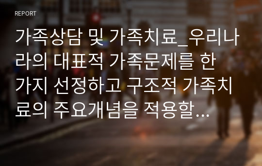 가족상담 및 가족치료_우리나라의 대표적 가족문제를 한 가지 선정하고 구조적 가족치료의 주요개념을 적용할 때 이러한 문제는 어떻게 시정할 수 있는지 쓰시오.