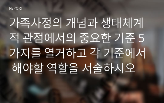 가족사정의 개념과 생태체계적 관점에서의 중요한 기준 5가지를 열거하고 각 기준에서 해야할 역할을 서술하시오