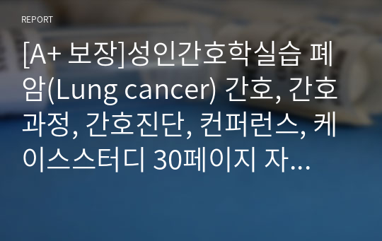 [A+ 보장]성인간호학실습 폐암(Lung cancer) 간호, 간호과정, 간호진단, 컨퍼런스, 케이스스터디 30페이지 자료입니다.