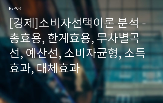 [경제]소비자선택이론 분석 - 총효용, 한계효용, 무차별곡선, 예산선, 소비자균형, 소득효과, 대체효과