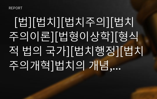   [법][법치][법치주의][법치주의이론][법형이상학][형식적 법의 국가][법치행정][법치주의개혁]법치의 개념, 법치주의에 관한 이론, 법형이상학, 형식적 법의 국가, 법치주의의 개혁요소, 법치행정의 원리의 내용