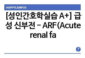 [성인간호학실습 A+] 급성 신부전 - ARF(Acute renal failure)/과제물/급성 신부전 문헌고찰/급성 신부전 간호진단 5개/급성 신부전 간호과정 2개/비효과적 호흡 양상/감염의 위험/비효과적 기도 청..