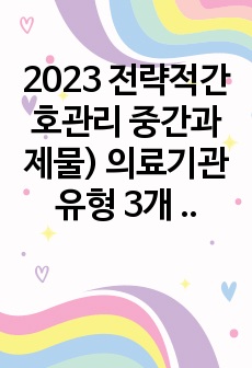 2023 전략적간호관리 중간과제물) 의료기관유형 3개 기관 미션 비전 진술문끼리 비교 특성 장점, 단점설명 미션 또는 비전을 개발할 때 고려할 점, 자신이 현재 소속된 조직 소개한 후, 조직화의 기본원리적용 평가 결..