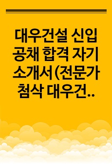 대우건설 신입 공채 합격 자기소개서(전문가 첨삭 대우건설 신입사원 채용 지원동기 합격 이력 및 지원서)